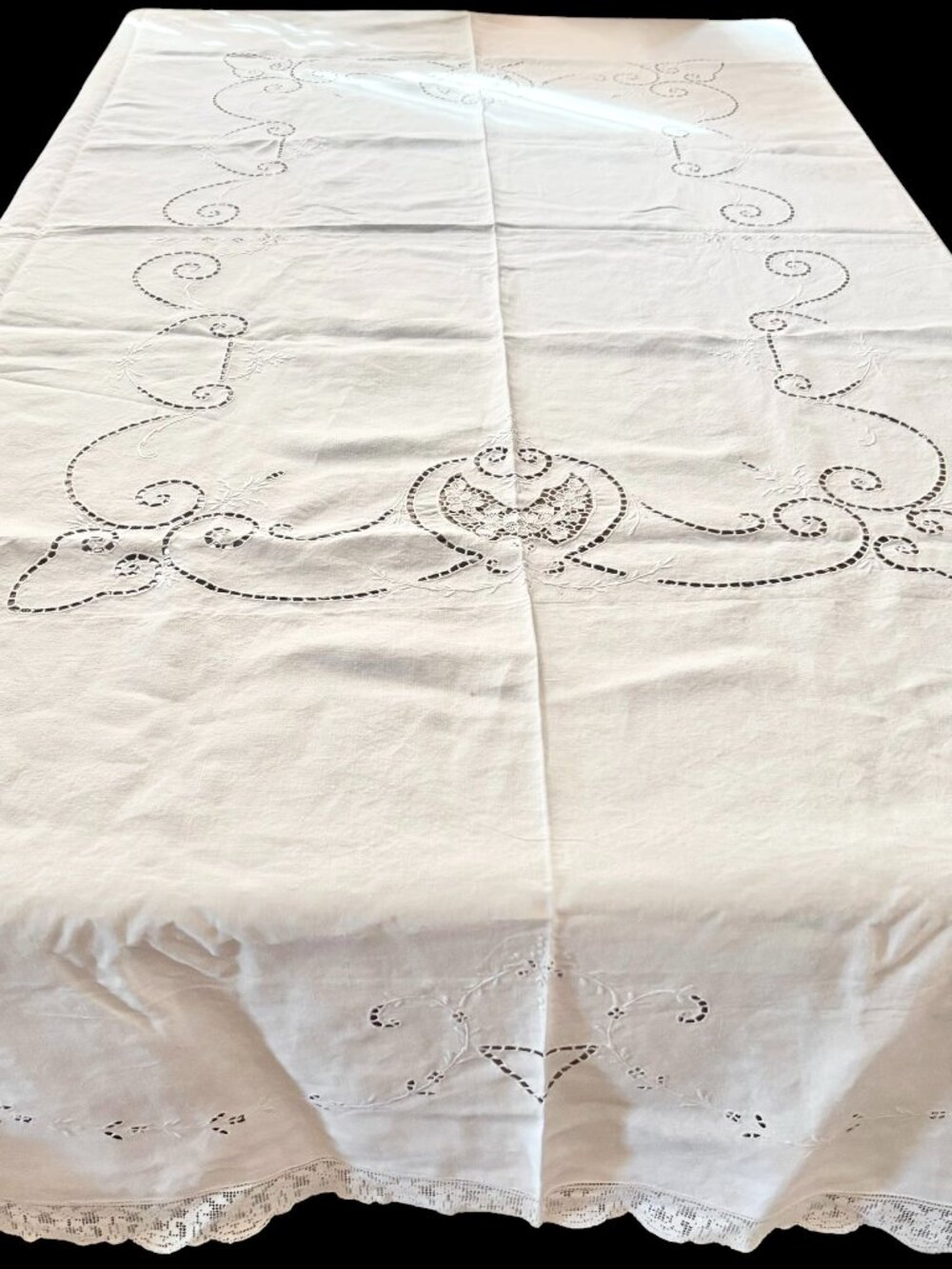 Vintage White Linen Eyelet Embroidered Tablecloth 68 x 84" Lace Edged